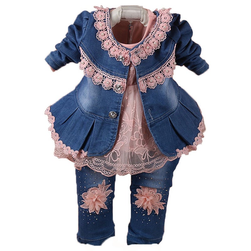 Yao 6M-4Y Infant 3Pcs Baby Girls Clothes Set Toddler Outfits Lace Dress Jacket and Jeans (4-5Y,Flower-Pink) - Image 1
